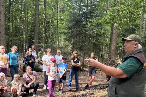 Forstbereichsleiter Andreas Wacker erklärt den Kindern warum man einen Baum fällt