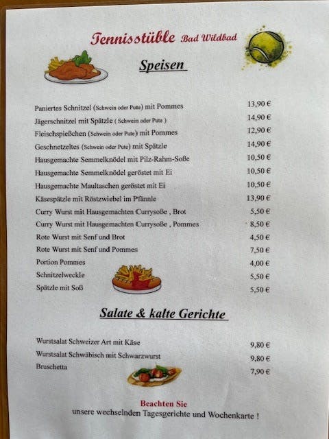 Speißekarte Tennisstüble